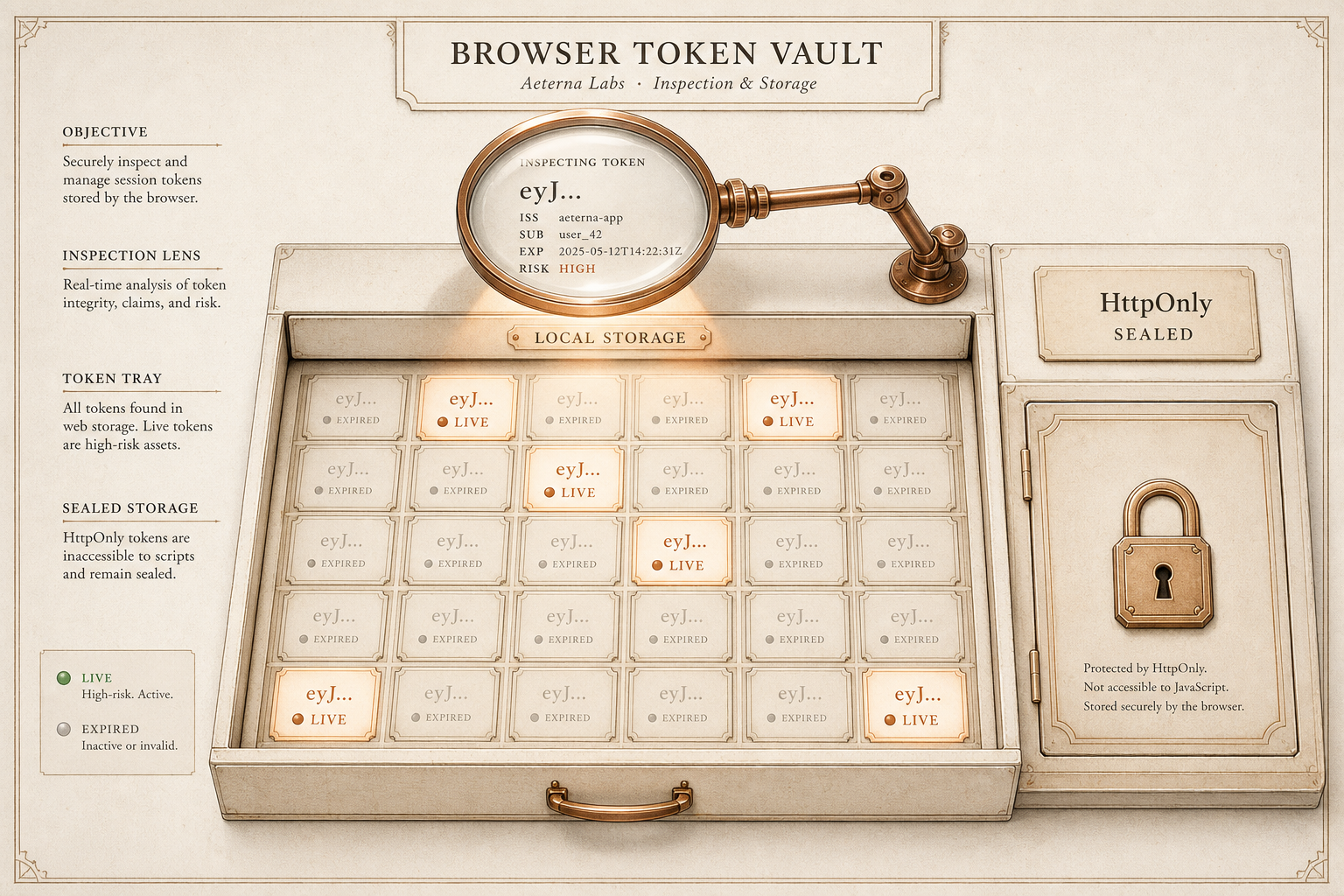 Editorial illustration: a drawer full of small token cards (labelled 'eyJ…'), most of them faded (expired), a few glowing copper (live), a magnifier above; on the right a sealed, locked compartment marked 'HttpOnly / SEALED'; a 'LOCAL STORAGE' label.