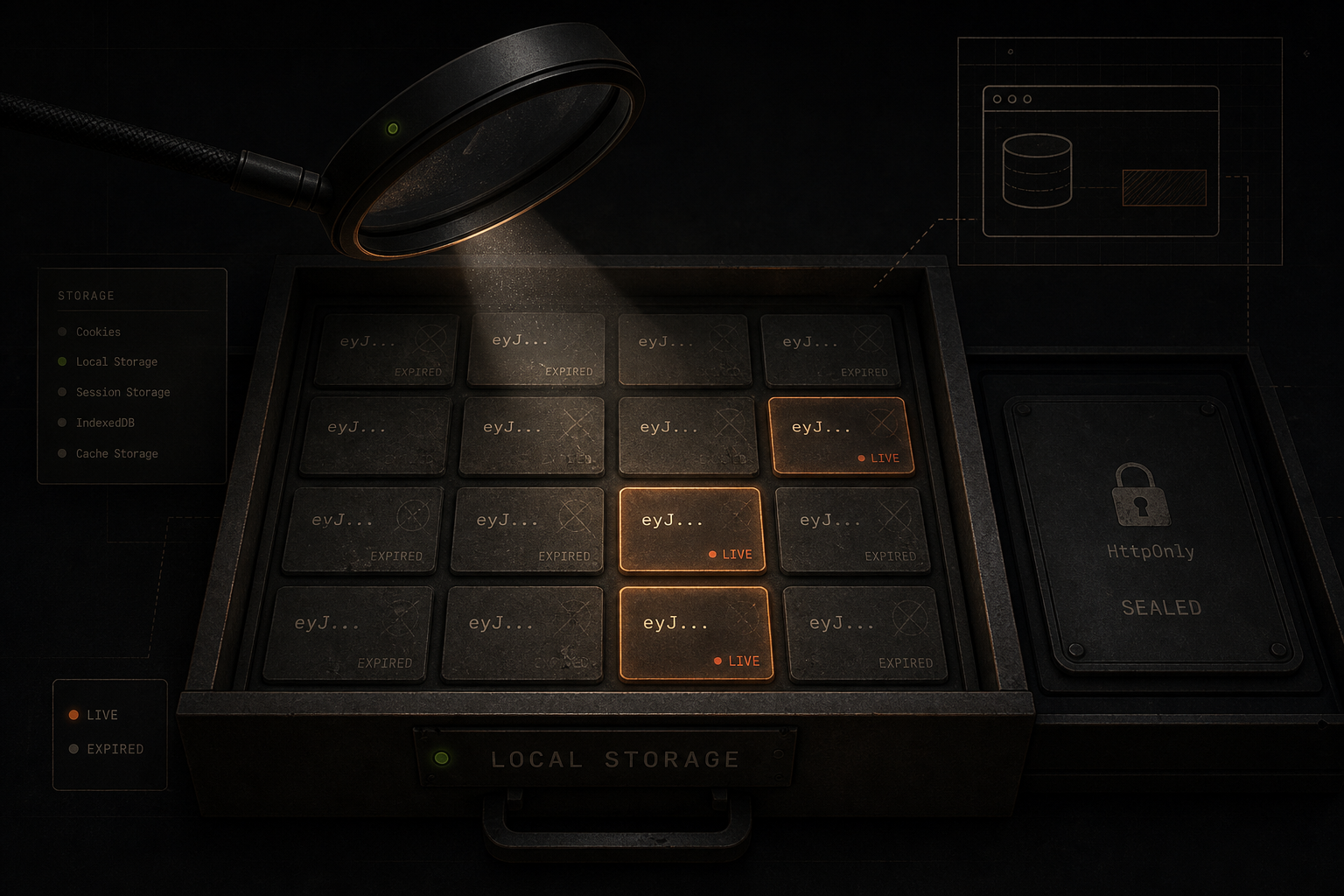 Editorial illustration: a drawer full of small token cards (labelled 'eyJ…'), most of them faded (expired), a few glowing copper (live), a magnifier above; on the right a sealed, locked compartment marked 'HttpOnly / SEALED'; a 'LOCAL STORAGE' label.