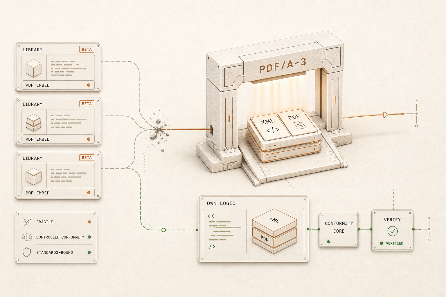 Editorial illustration: on the left three stacked 'LIBRARY (BETA)' blocks feeding via dashed paths into a central 'PDF/A-3' gate; below, a separate 'OWN LOGIC' path runs through a 'CONFORMITY CORE' to a green 'VERIFIED'. A third-party beta library set against a self-built, verified core.