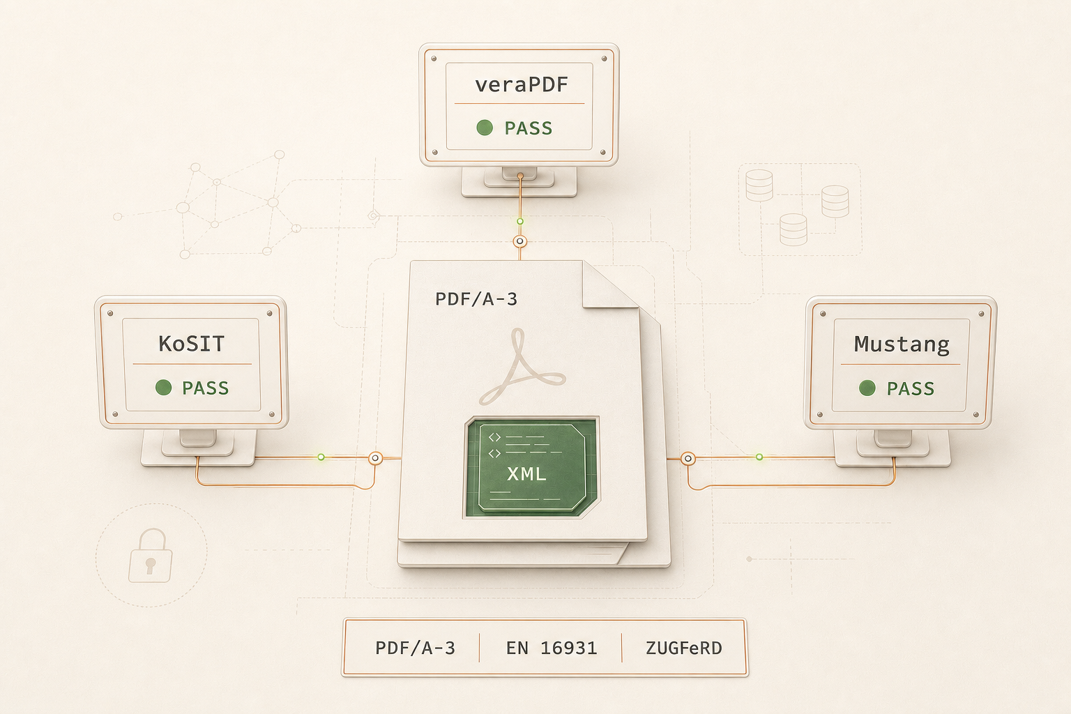 Editorial illustration: three validator monitors (veraPDF, KoSIT, Mustang) showing a green PASS around a central PDF/A-3 document.