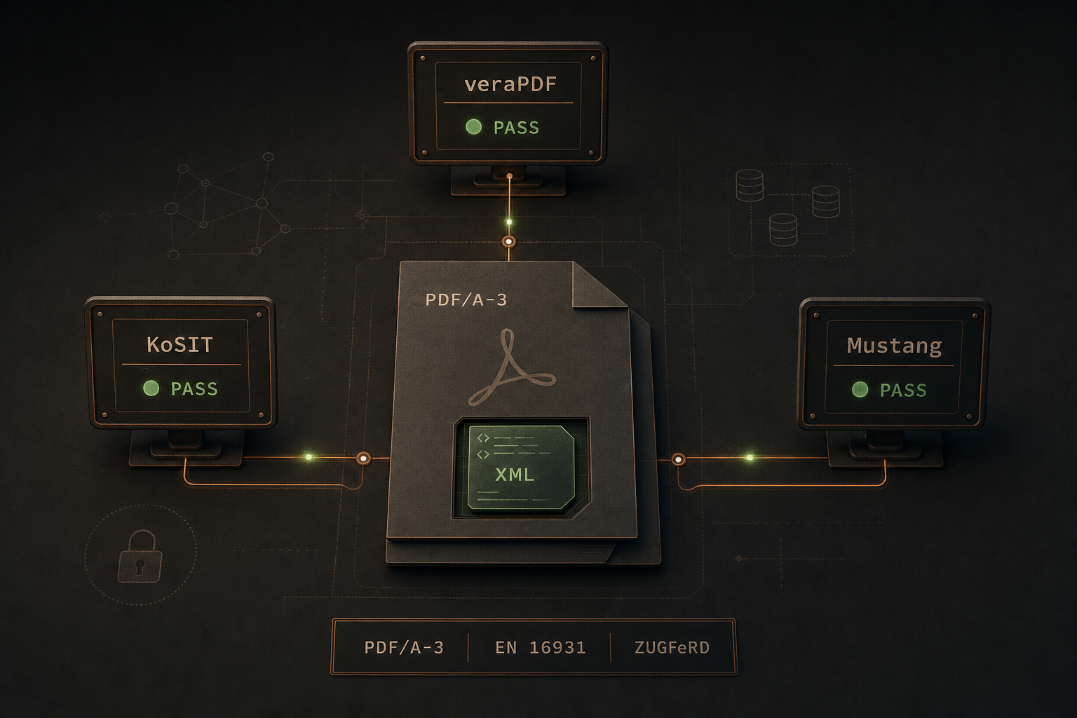 Editorial illustration: three validator monitors (veraPDF, KoSIT, Mustang) showing a green PASS around a central PDF/A-3 document.