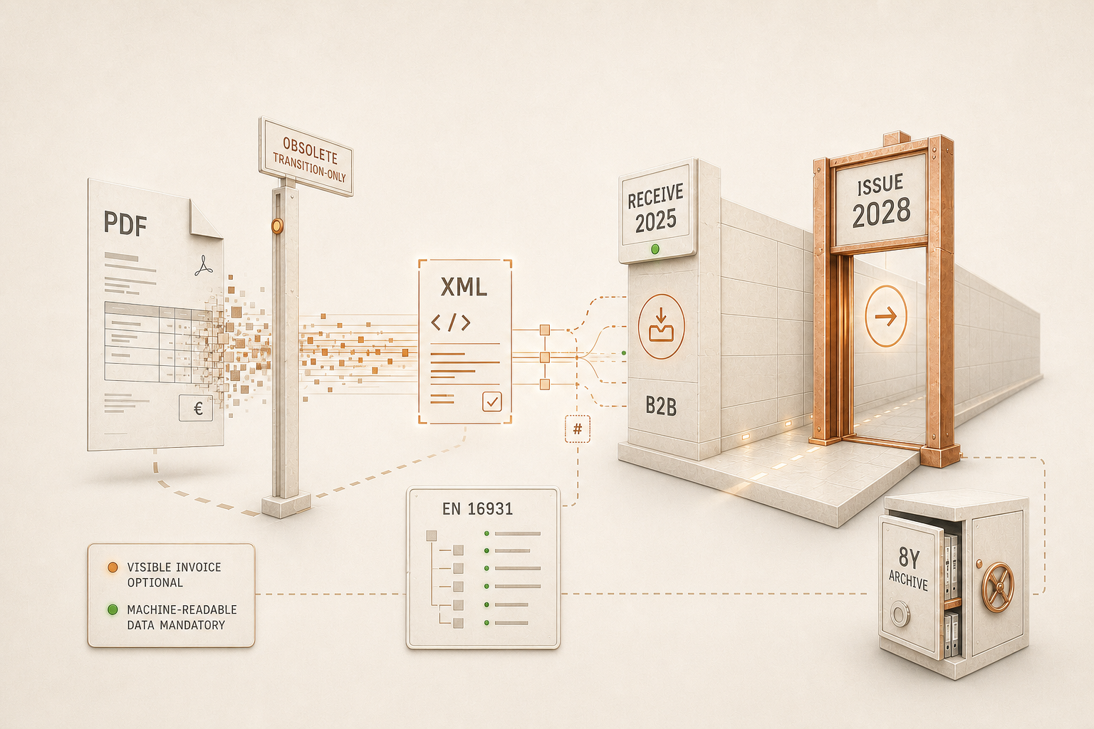 Editorial illustration: on the left a dissolving PDF whose pixels reorder into a structured XML data set on the right; behind it the checkpoints 'RECEIVE 2025' and 'ISSUE 2028', an EN 16931 checklist and an '8Y' archive safe. Status lines: visible invoice image optional, machine-readable data mandatory.
