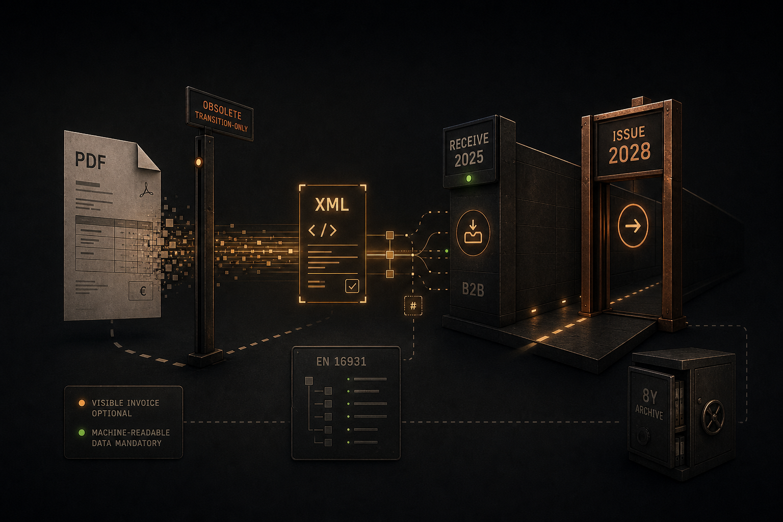 Editorial illustration: on the left a dissolving PDF whose pixels reorder into a structured XML data set on the right; behind it the checkpoints 'RECEIVE 2025' and 'ISSUE 2028', an EN 16931 checklist and an '8Y' archive safe. Status lines: visible invoice image optional, machine-readable data mandatory.