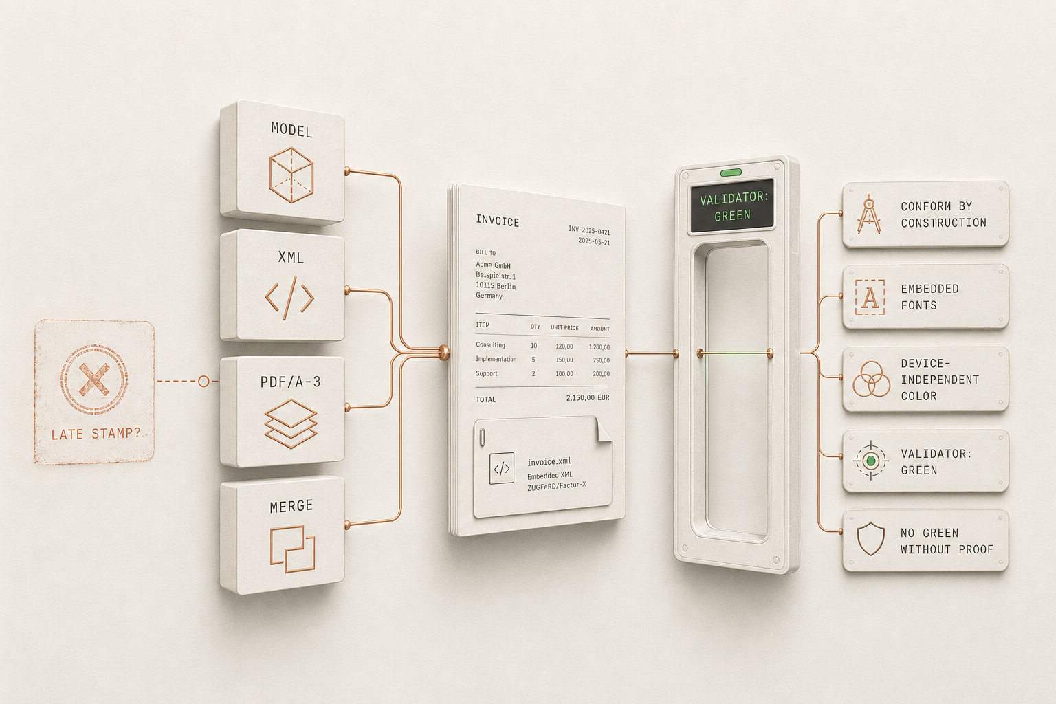 Editorial illustration: four labelled building blocks 'MODEL', 'XML', 'PDF/A-3' and 'MERGE' flow into a single invoice document that passes through a 'VALIDATOR: GREEN' gate; on the left a crossed-out 'LATE STAMP', on the right a criteria list ending in 'NO GREEN WITHOUT PROOF'.