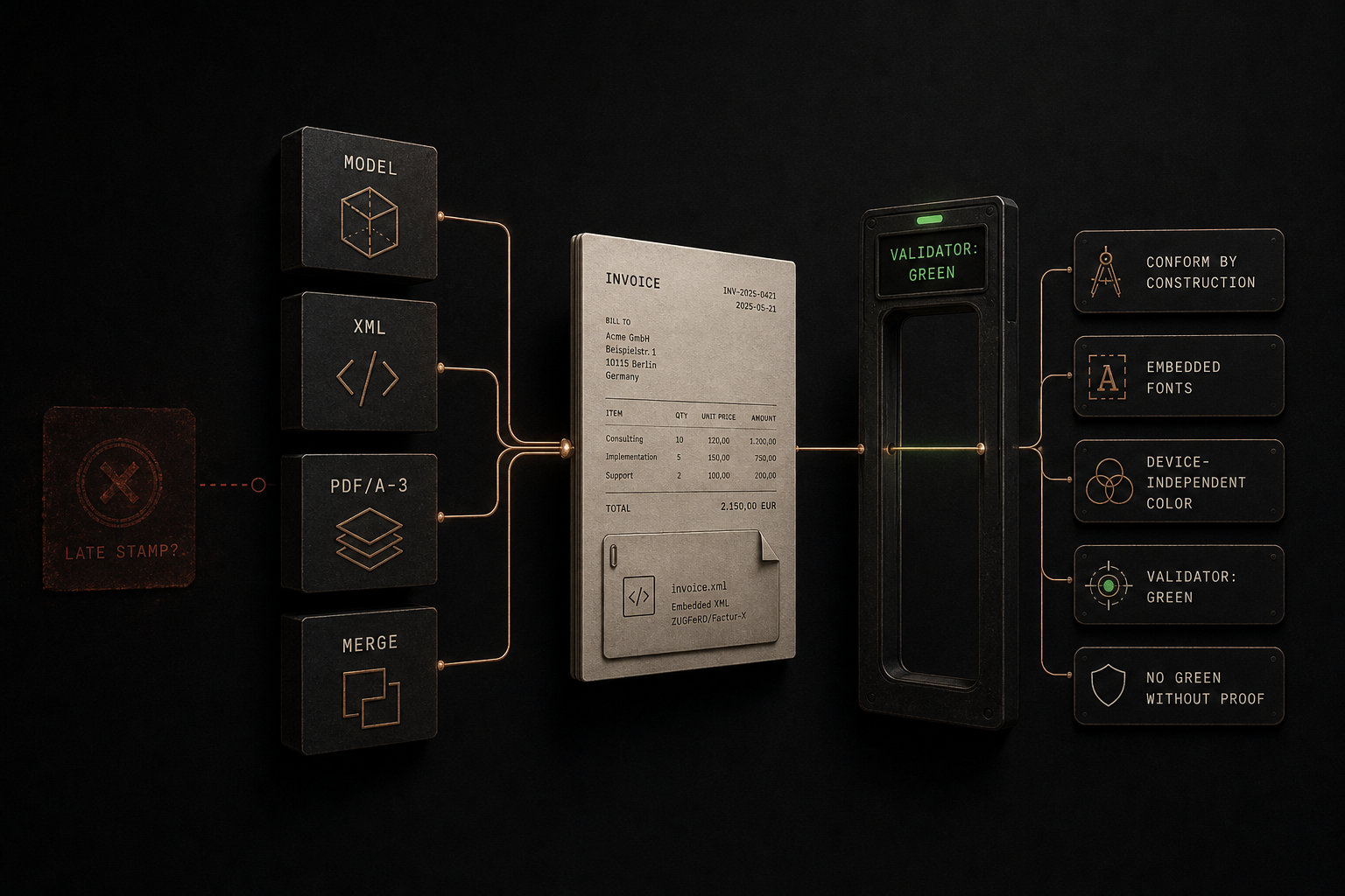 Editorial illustration: four labelled building blocks 'MODEL', 'XML', 'PDF/A-3' and 'MERGE' flow into a single invoice document that passes through a 'VALIDATOR: GREEN' gate; on the left a crossed-out 'LATE STAMP', on the right a criteria list ending in 'NO GREEN WITHOUT PROOF'.