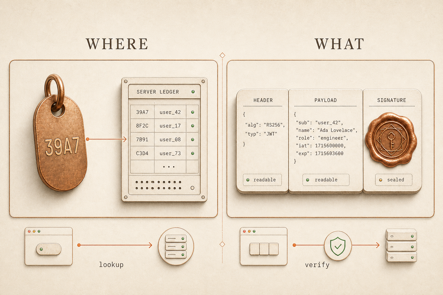 Editorial diagram in two halves: on the left, under 'WHERE', a coat-check token with a number, a server ledger and a 'lookup' arrow; on the right, under 'WHAT', a three-part card HEADER / PAYLOAD / SIGNATURE with a wax seal and a 'verify' arrow.