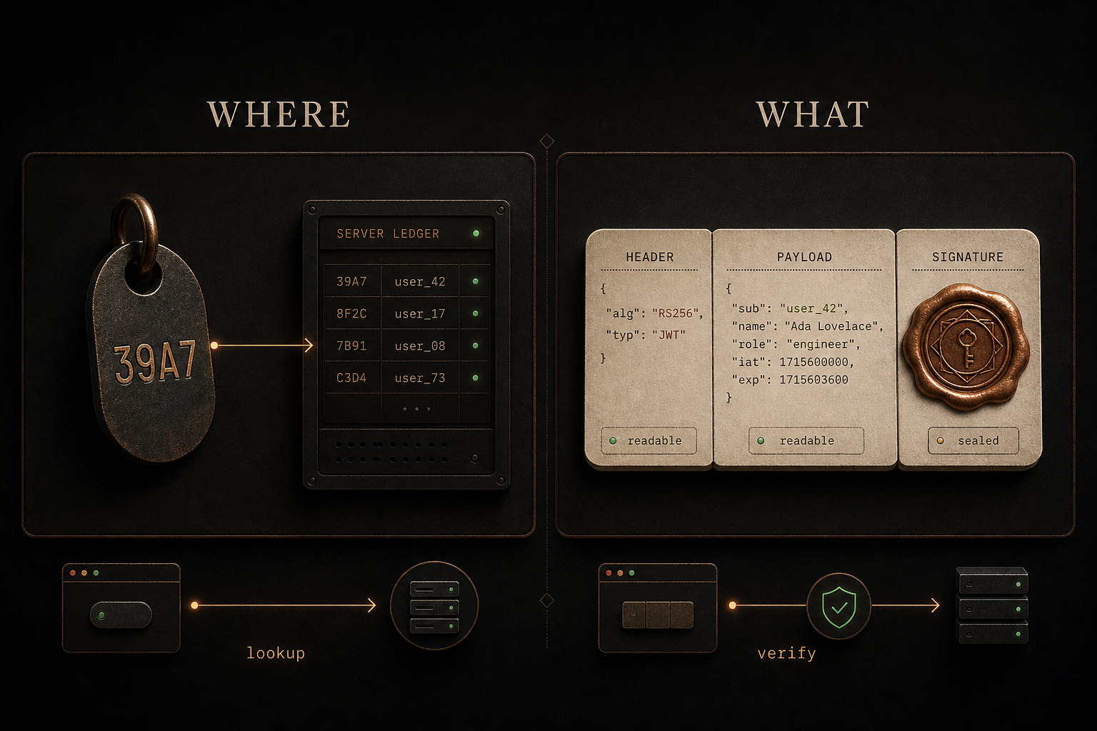 Editorial diagram in two halves: on the left, under 'WHERE', a coat-check token with a number, a server ledger and a 'lookup' arrow; on the right, under 'WHAT', a three-part card HEADER / PAYLOAD / SIGNATURE with a wax seal and a 'verify' arrow.