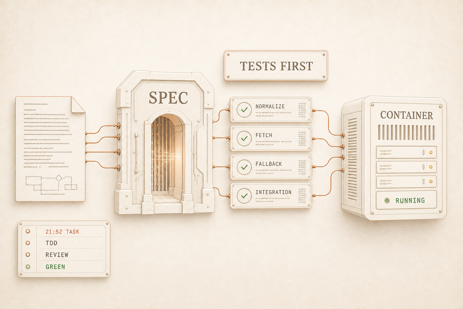 Editorial diagram: a glowing SPEC portal on the left, a 'TESTS FIRST' banner above four stacked test cards (NORMALIZE, FETCH, FALLBACK, INTEGRATION), then a CONTAINER panel on the right with a green RUNNING indicator; a small status panel bottom-left tracks TDD · REVIEW · GREEN.