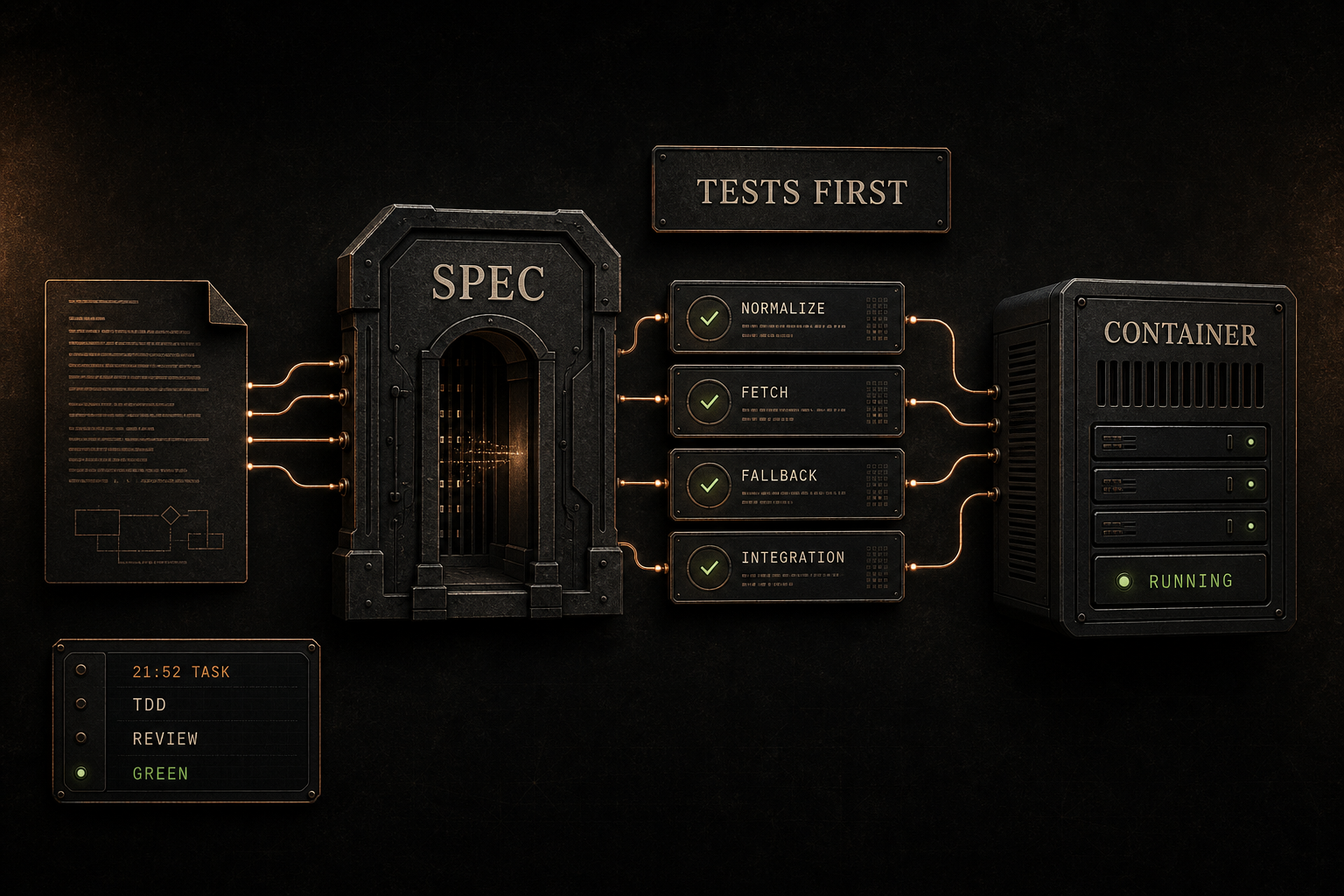Editorial diagram: a glowing SPEC portal on the left, a 'TESTS FIRST' banner above four stacked test cards (NORMALIZE, FETCH, FALLBACK, INTEGRATION), then a CONTAINER panel on the right with a green RUNNING indicator; a small status panel bottom-left tracks TDD · REVIEW · GREEN.