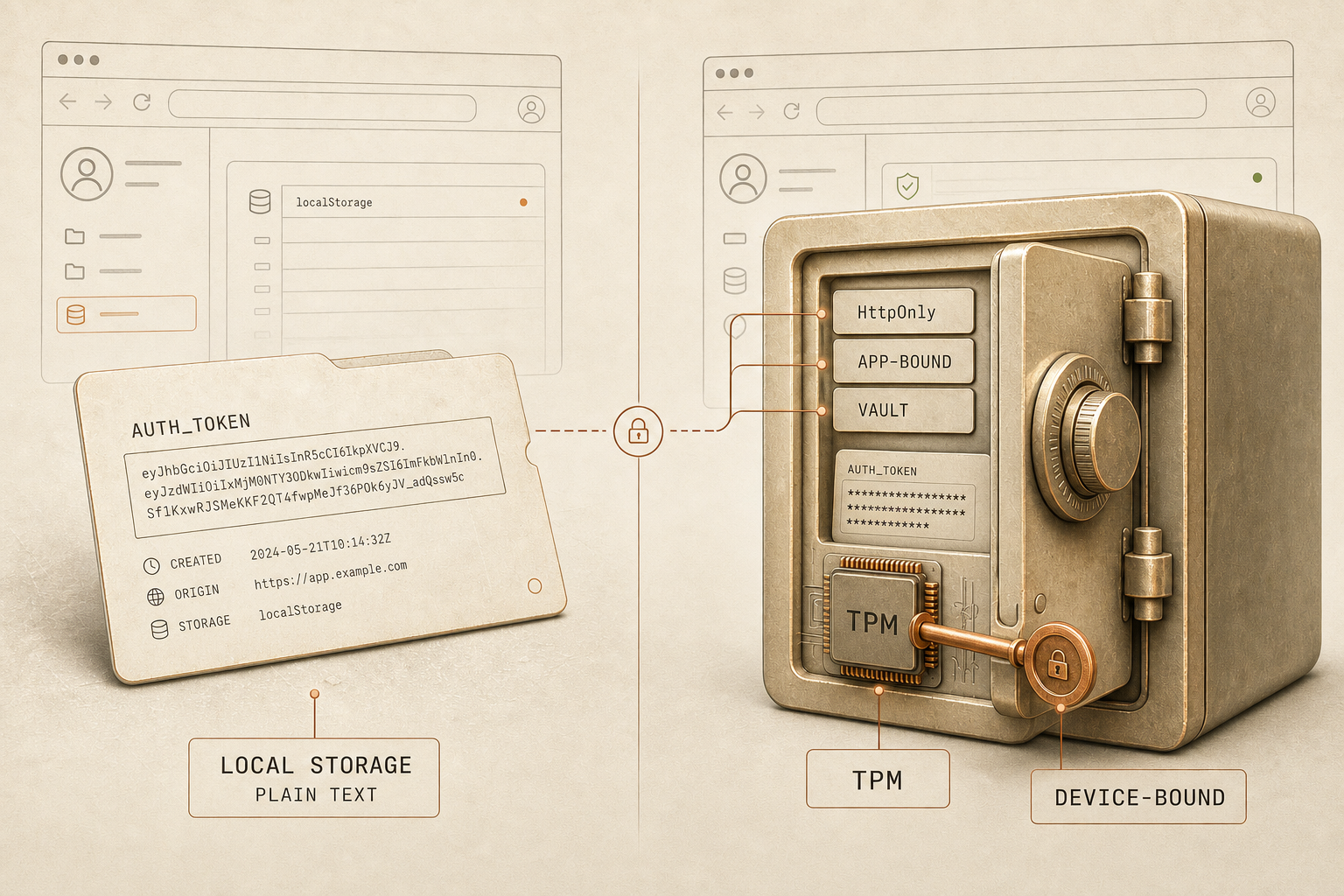 Editorial illustration, split: on the left an openly readable token card under 'LOCAL STORAGE / PLAIN TEXT'; on the right a heavy safe marked 'HttpOnly', 'APP-BOUND' and 'VAULT', below it a 'TPM' chip with a key set into it and the label 'DEVICE-BOUND'.