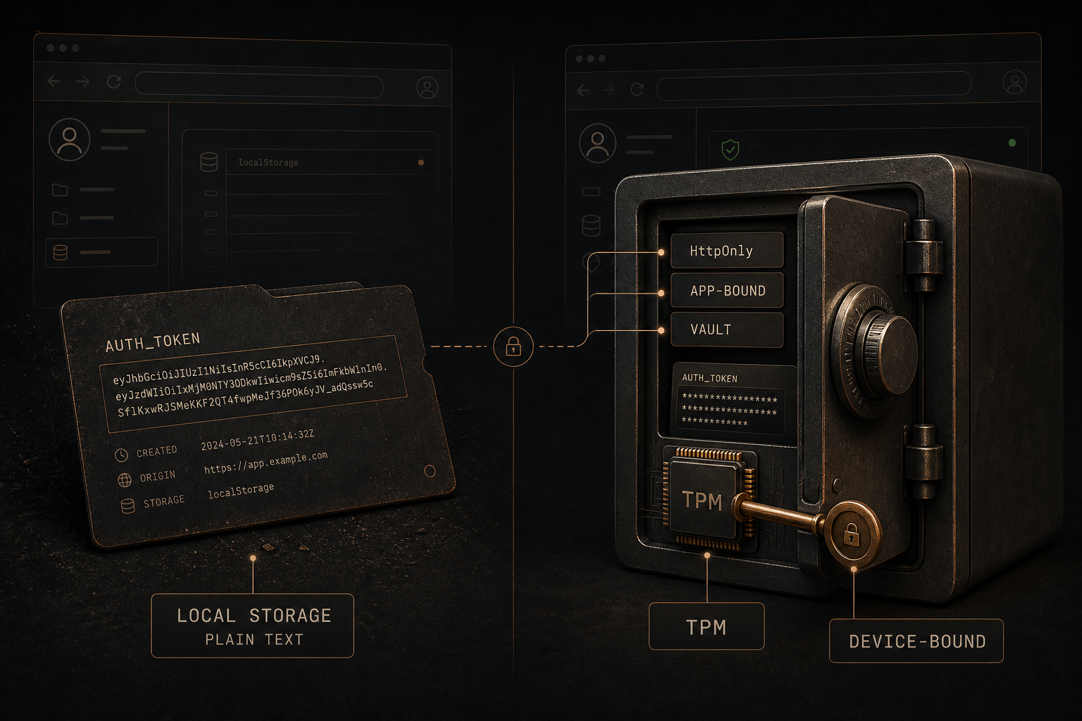 Editorial illustration, split: on the left an openly readable token card under 'LOCAL STORAGE / PLAIN TEXT'; on the right a heavy safe marked 'HttpOnly', 'APP-BOUND' and 'VAULT', below it a 'TPM' chip with a key set into it and the label 'DEVICE-BOUND'.