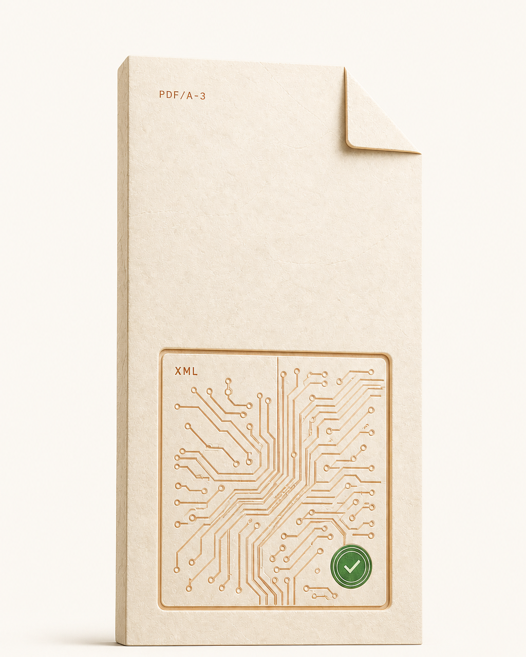 Matte black document stele with a dog-eared corner, gold rim light, an inset XML circuit-board tile, and a green compliance seal — a hybrid e-invoice document