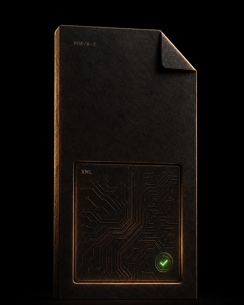 Matte black document stele with a dog-eared corner, gold rim light, an inset XML circuit-board tile, and a green compliance seal — a hybrid e-invoice document