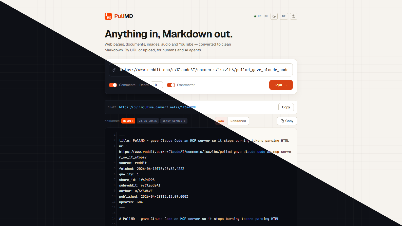 Screenshot of the PullMD PWA, side by side in light and dark mode.
